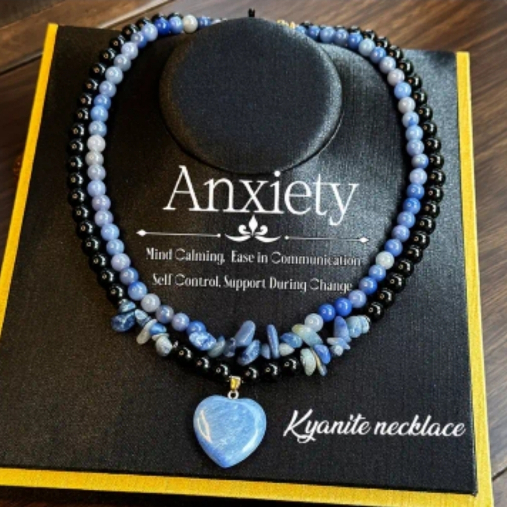 2PC KYANITE & OBSIDIAN CRYSTAL NECKLACE SET W HEART PENDANT.